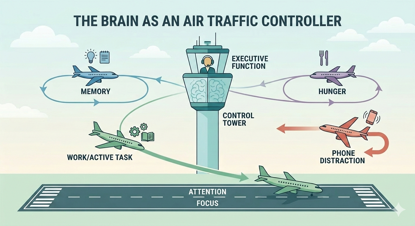 Air traffic control metaphor for cognitive offloading showing external systems managing information flow so the brain's control tower is not overloaded