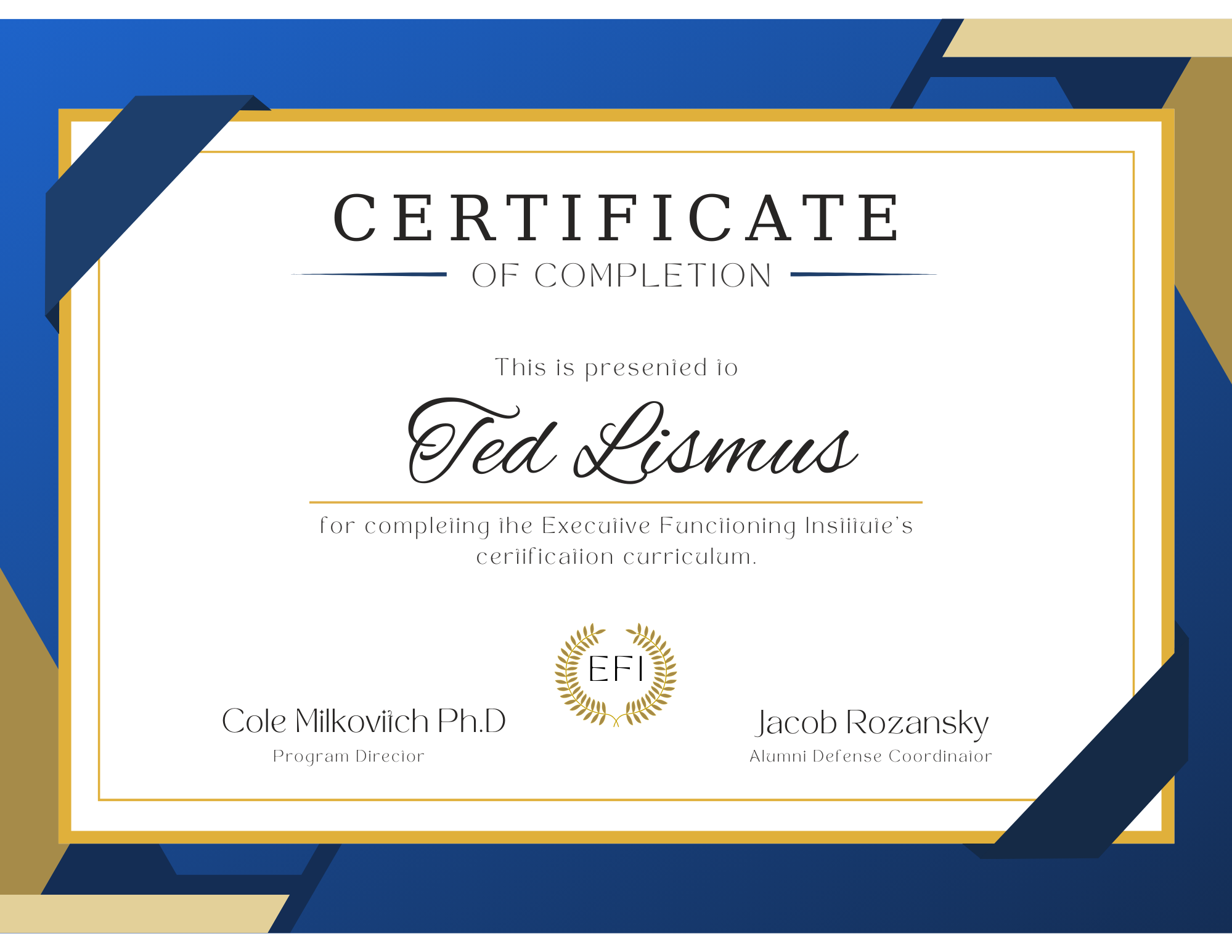 EFI certification certificate in blue design awarded upon completion of the six-module program