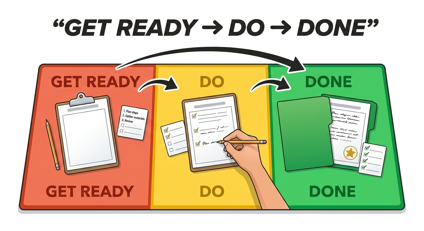 Get Ready Do Done planning framework diagram showing the three-step backward planning process for task completion