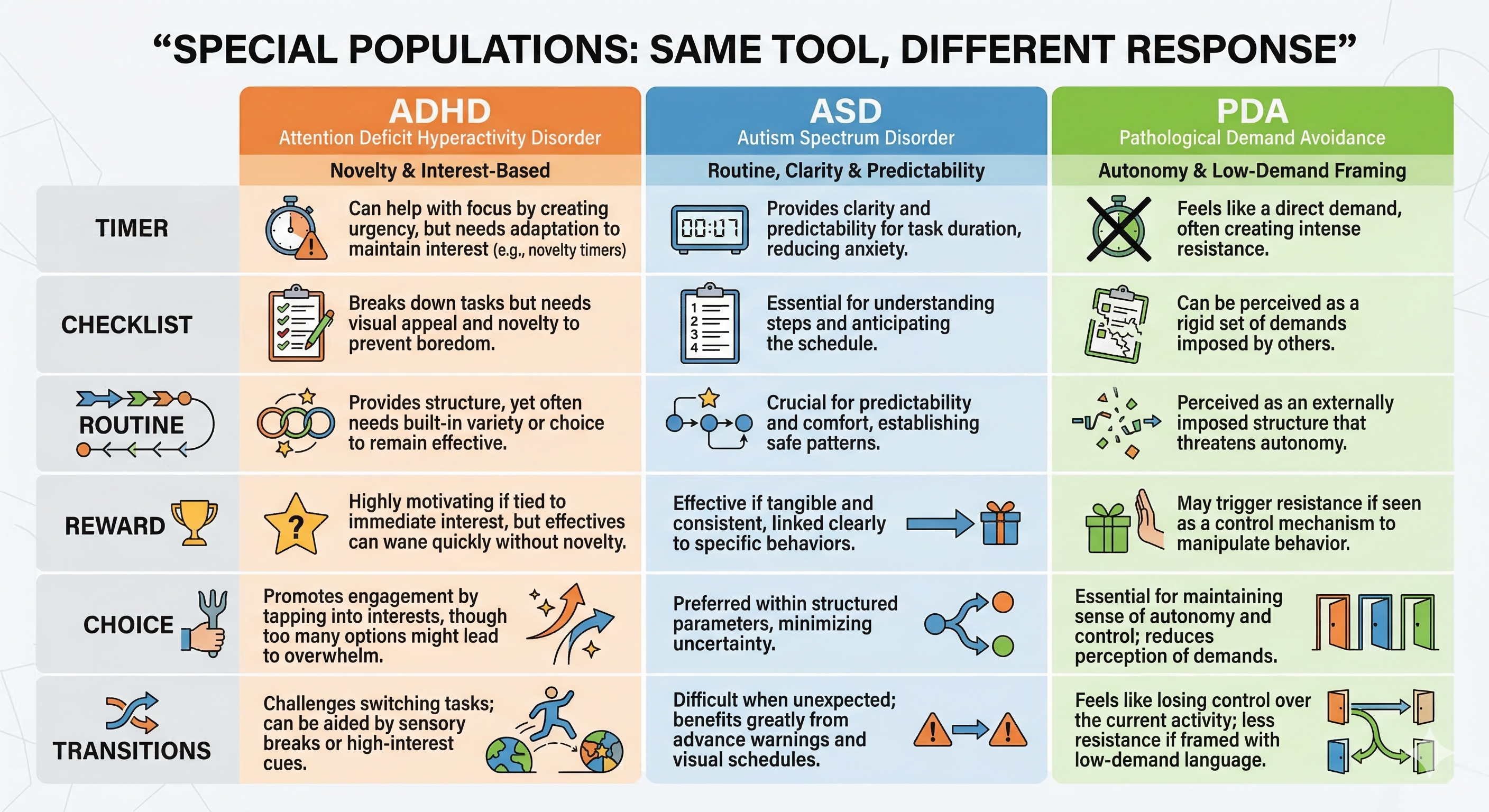 Special populations overview showing the range of populations served by EF coaching including ADHD, ASD, college students, adults, and families