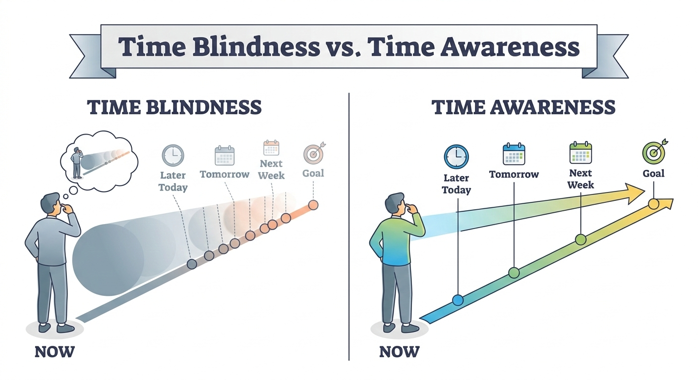 Time blindness concept illustration showing how individuals with EF challenges perceive time as now versus not now rather than as a continuum