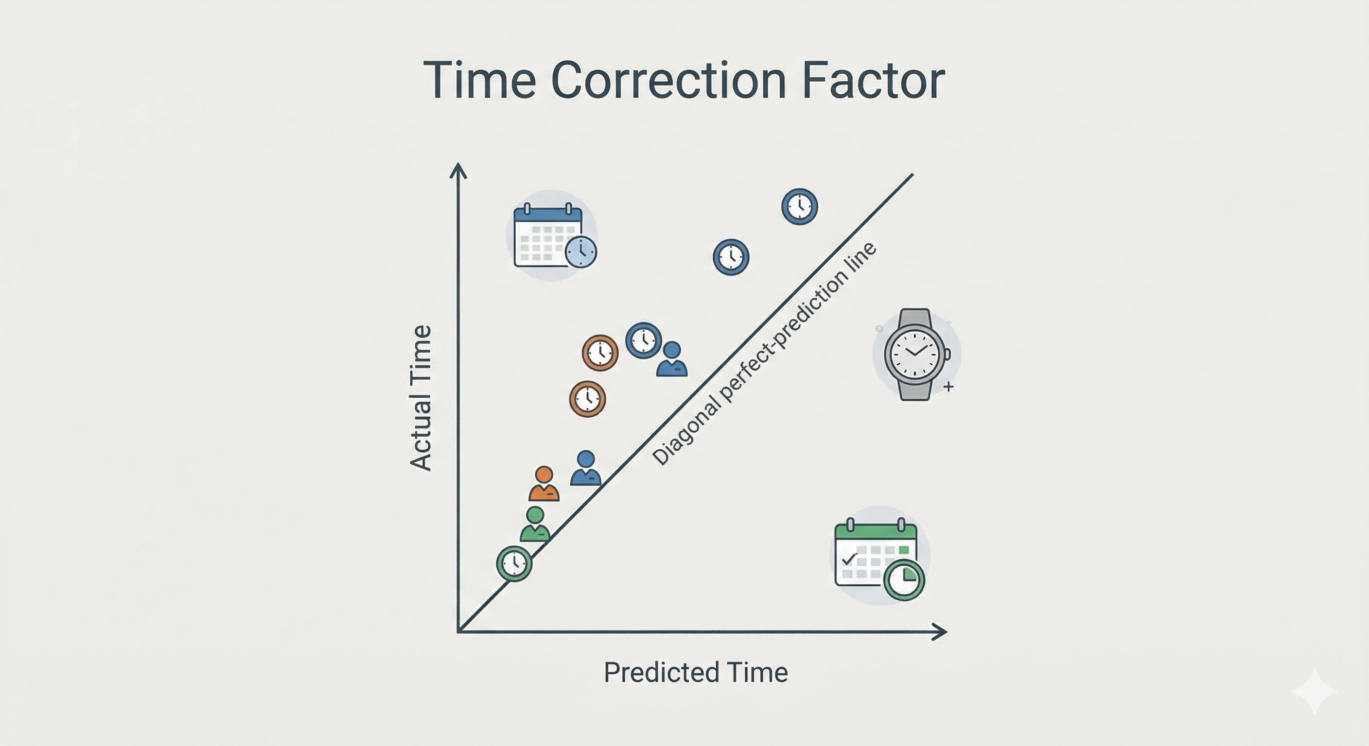 Time correction factor chart showing predicted versus actual task durations and how to calculate a personal multiplier for accurate planning