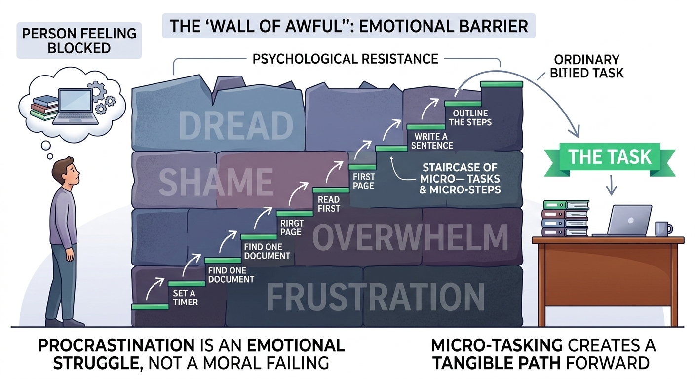 Wall of Awful illustration depicting the emotional barrier of shame and past failure that blocks task initiation